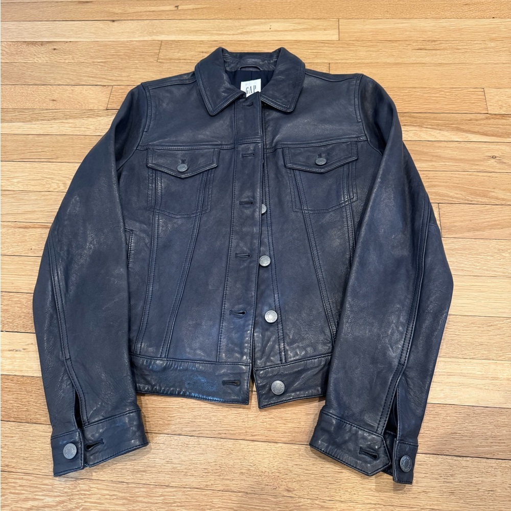 GAP Women's Dark Navy Leather Trucker Jacket